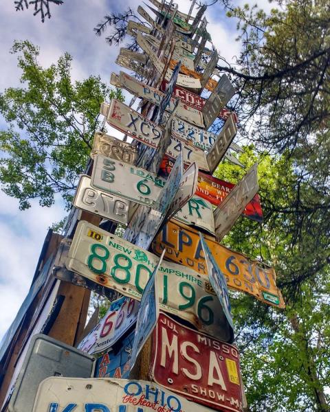 A tall collection of sign posts