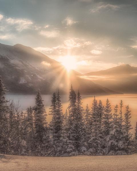 Sundog over a mountain surrounded by snowy evergreen trees