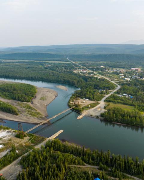 Aerial view of Ross River and the North Canol Road crossing the Pelly River.