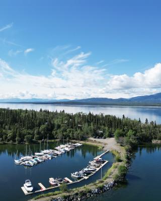 Drone shot of marina, clear blue water, treed campground, surrounded by scenic mountains 