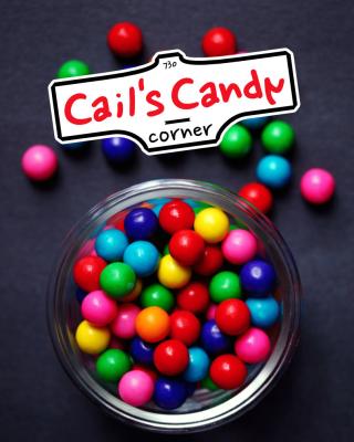gumballs falling out of a glass jar, with the Cail's Candy Corner Logo