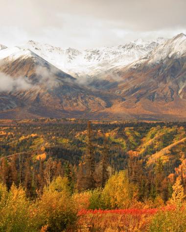 Fall colours surround a mountain range capped with fresh snow