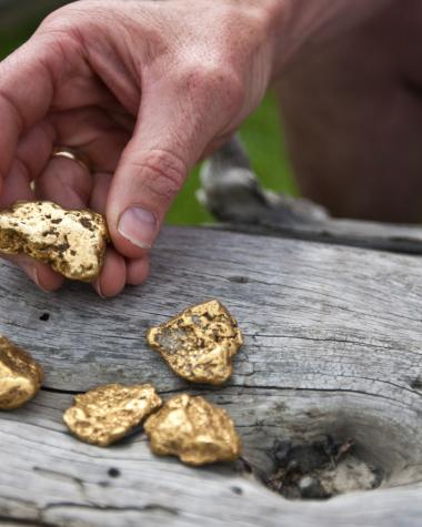 three nuggest of gold are placed on a log 