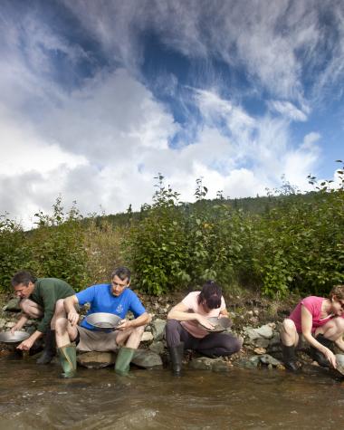 A group of people pan for gold in the Yukon's Klondike region