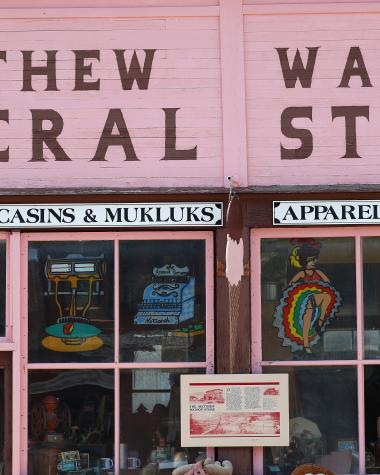 The pink facade of the Matthew Watson General Store in Carcross