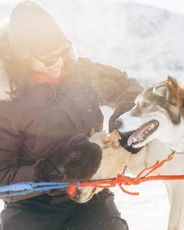 A woman in a hat and black parka pets two multi-coloured sled dogs 