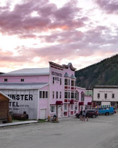 Sun sets over the pink Westminster hotel 