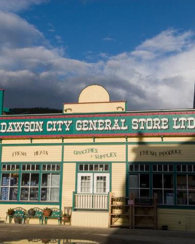 Dawson City General Store under a bright blue sky 