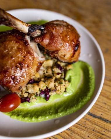 Plated chicken dinner from Bonton and Co