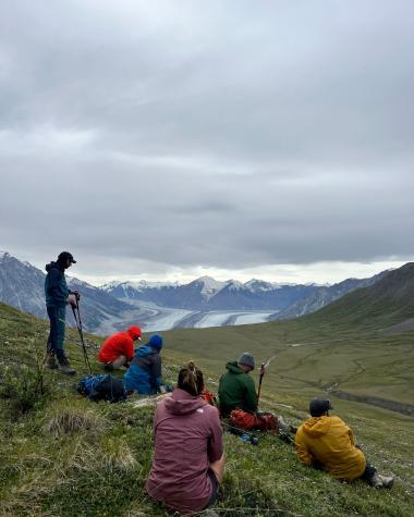 Hikers overlooking the Kaskawulsh Glacier on Observation Mountain