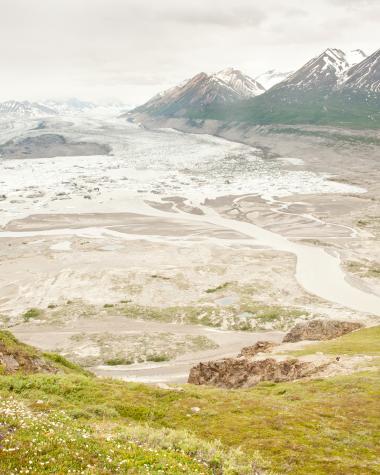 Hiking above the Alsek River and Lowell Glacier in Kluane National Park and Reserve, during a rafting trip on the Alsek River.