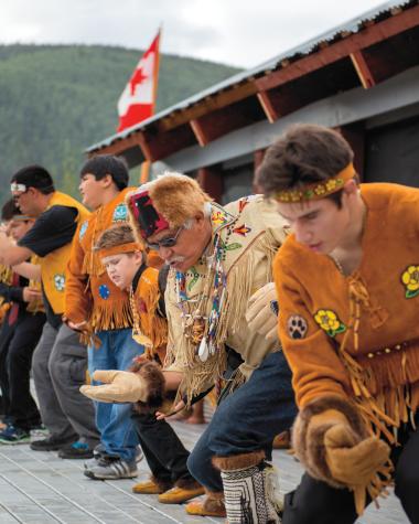 First Nation men dancers at the Moosehide Gathering