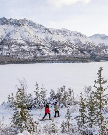Two snowshoers in a winter wonderland