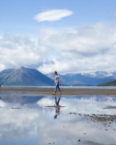 A person and their dog walk along a shoreline